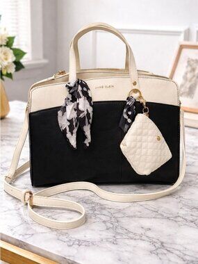 Anne Klein Black and Cream Structured Satchel with Quilted Charm